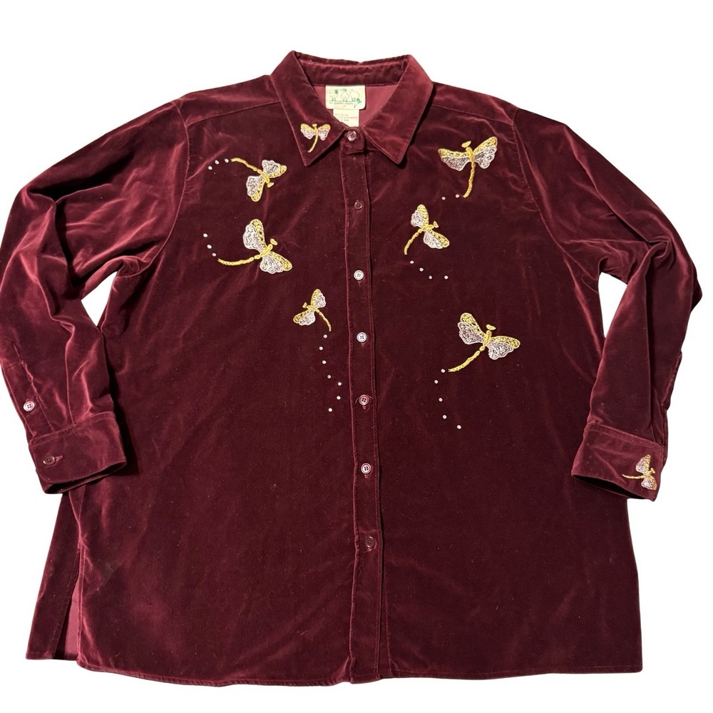 Vintage‎ Quacker Factory Velour Button Up 1X Maroon Embroidered Dragonflies Top